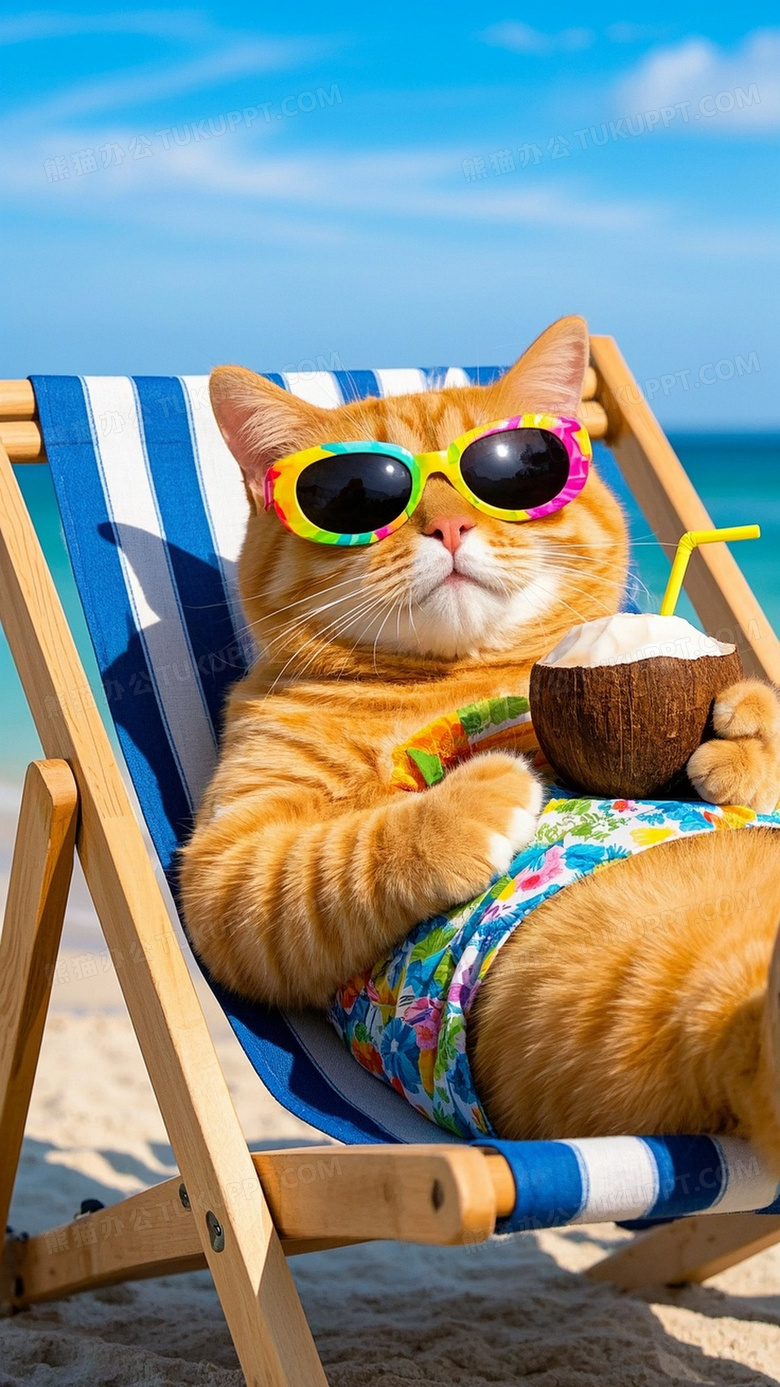 拟人化的橘猫穿着花衣服海边度假风格