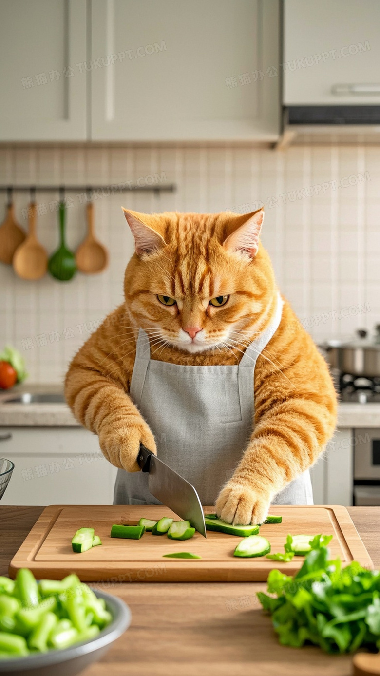 大胖橘猫穿着围裙站在案板前