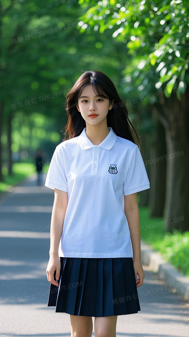 上身穿着白色polo短袖