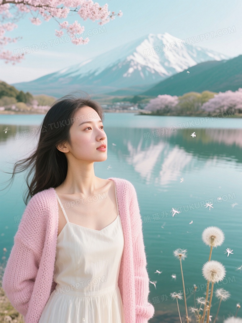 春日湖畔人像摄影亚裔女性穿樱花粉开衫配米白吊带裙