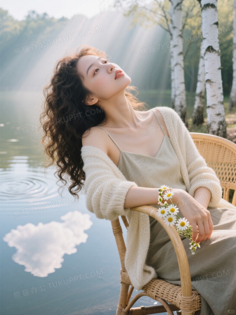 柔焦唯美摄影图卷发美女斜倚柳条椅