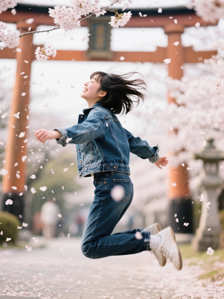 动态抓拍樱花雨瞬间牛仔外套少女跳跃接花瓣