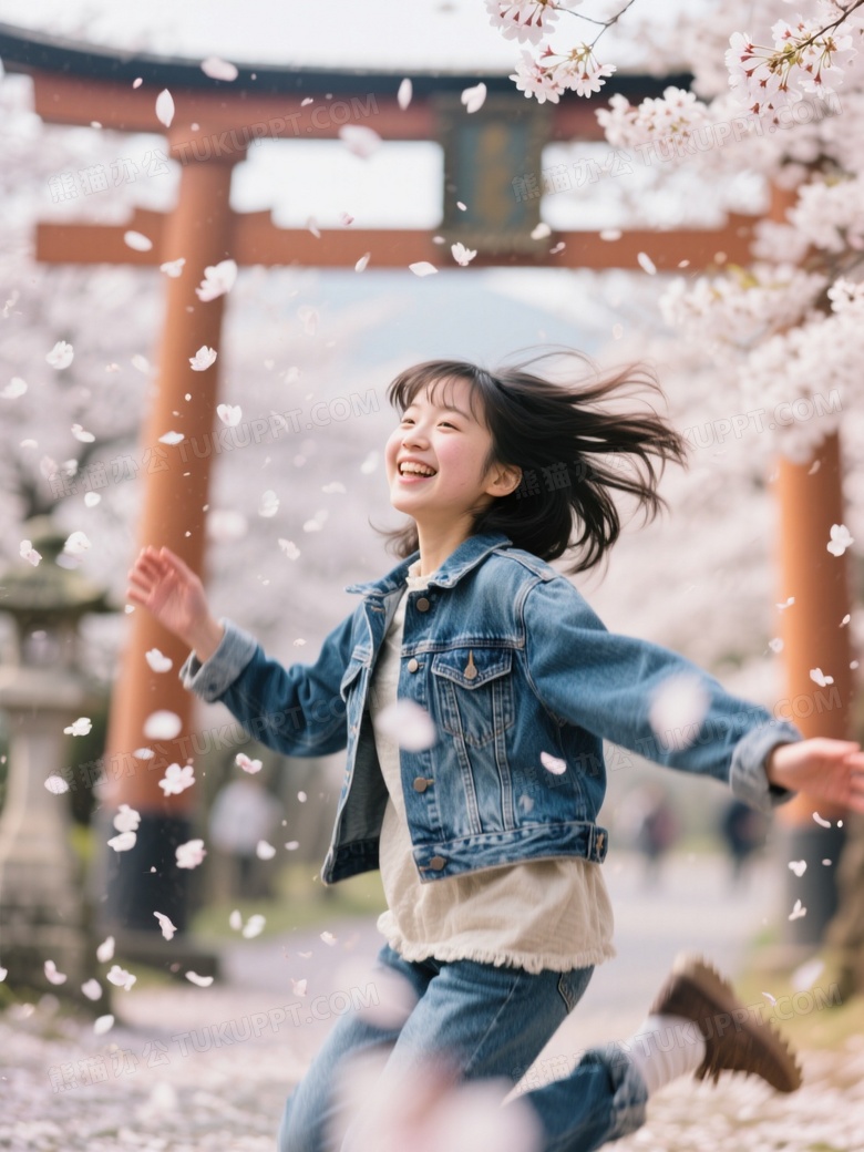 动态抓拍樱花雨瞬间牛仔外套少女跳跃接花瓣