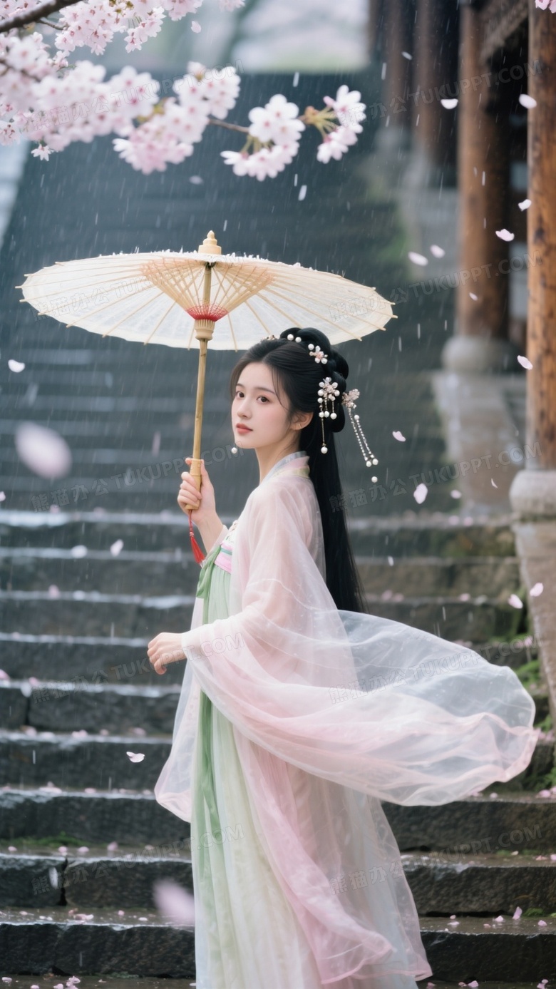 汉服少女在樱花雨中执团伞回眸