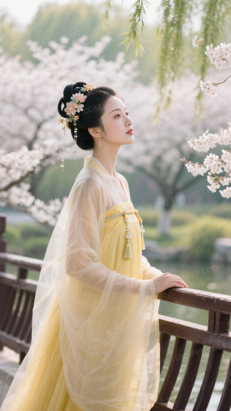 唐风仕女春日游园图鹅黄齐胸襦裙女子倚栏眺望柳浪