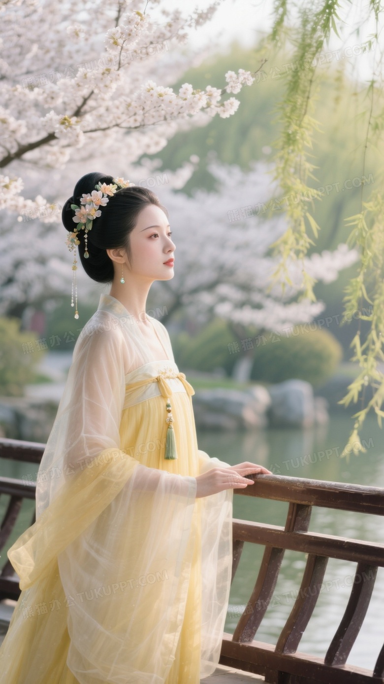 唐风仕女春日游园图鹅黄齐胸襦裙女子倚栏眺望柳浪