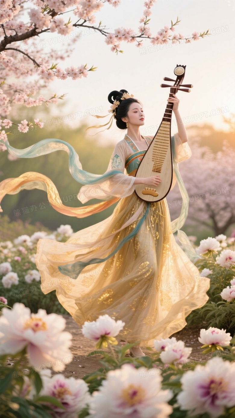 敦煌飞天灵感春游图改良坦领襦裙女子在牡丹丛中反弹琵琶