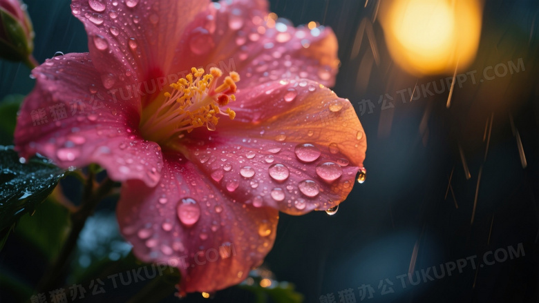 高清摄影特写镜头雨天娇艳的鲜花上挂着晶莹的水滴