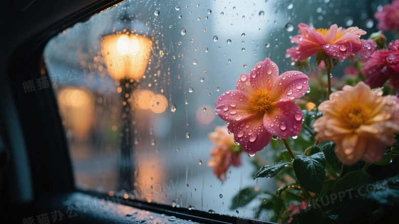 高清摄影图雨天透过车窗玻璃的特写视角
