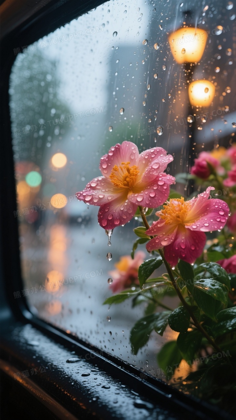 高清摄影图雨天透过车窗玻璃的特写视角