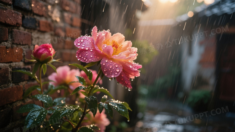高清摄影特写画面在一个老旧庭院的雨天里