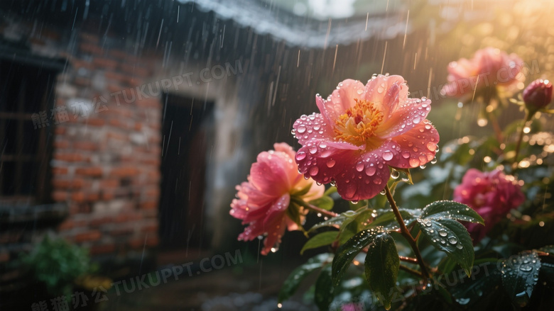 高清摄影特写画面在一个老旧庭院的雨天里