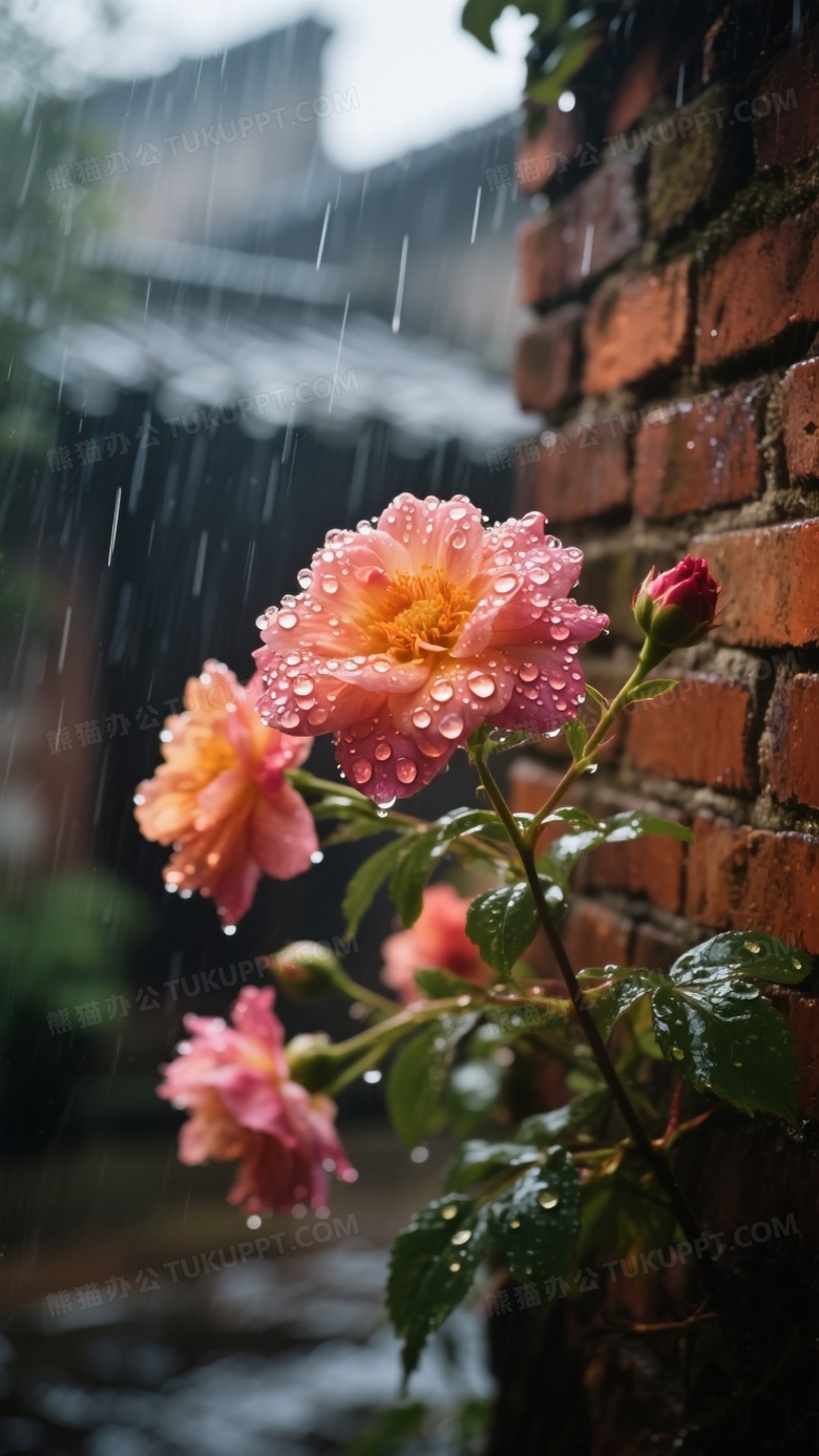 高清摄影特写画面在一个老旧庭院的雨天里