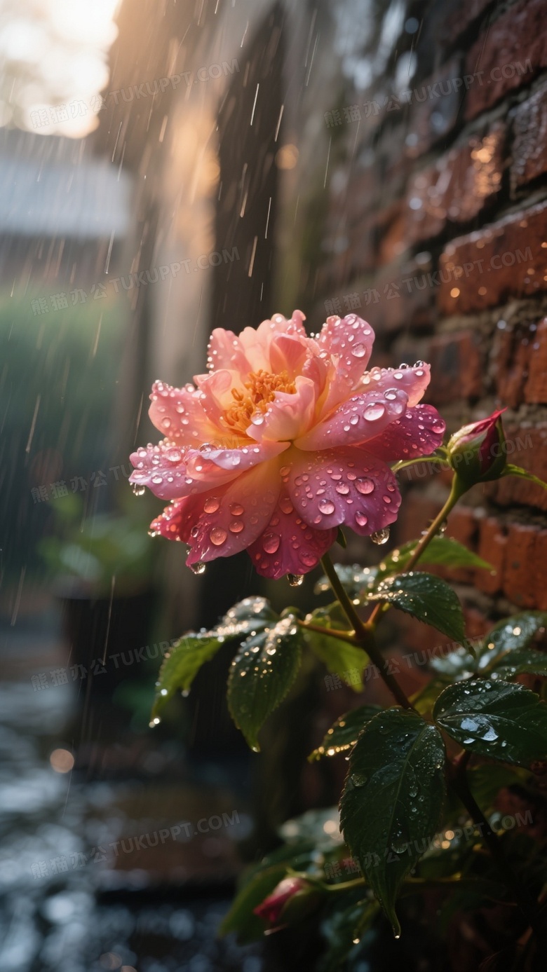 高清摄影特写画面在一个老旧庭院的雨天里