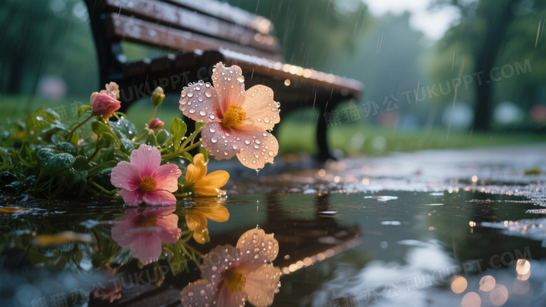 高清摄影特写雨天公园长椅旁的鲜花