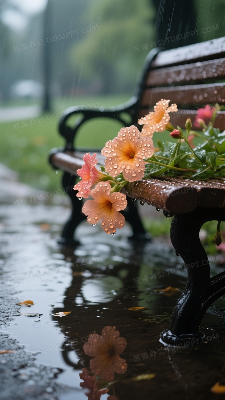 高清摄影特写雨天公园长椅旁的鲜花