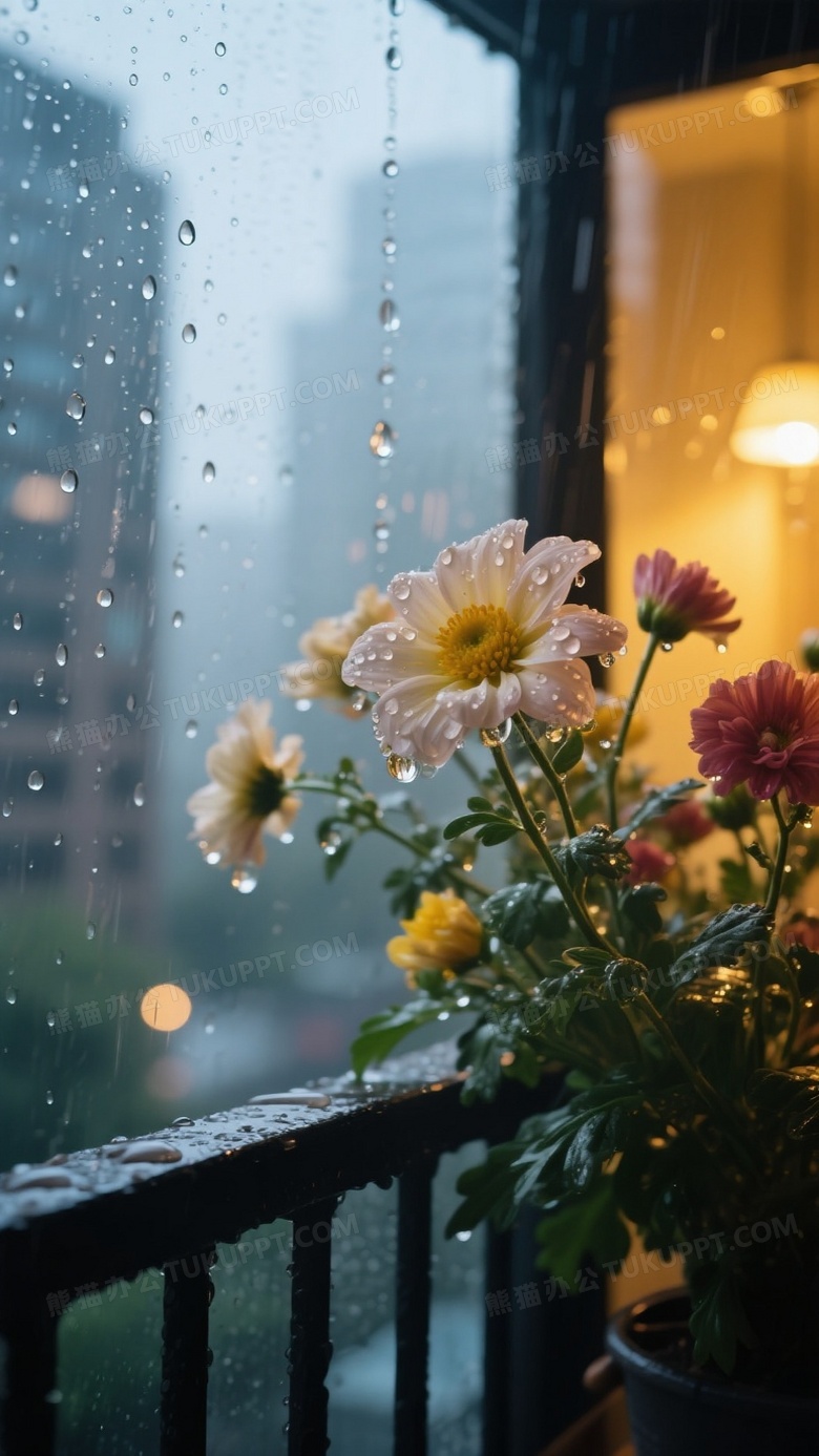 高清特写摄影画面雨天城市阳台栏杆上的鲜花