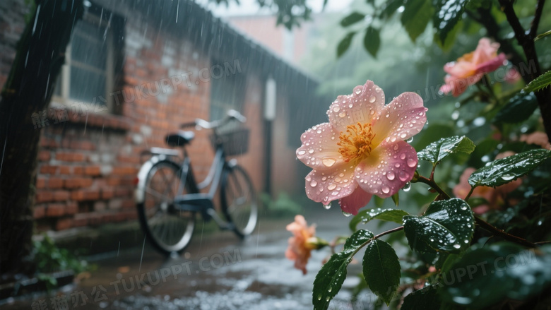 高清特写的摄影画面雨天校园角落的鲜花