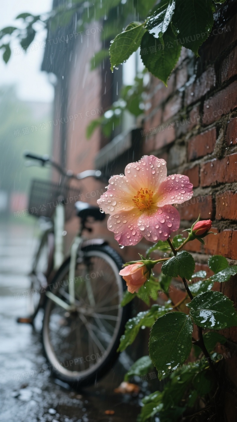 高清特写的摄影画面雨天校园角落的鲜花
