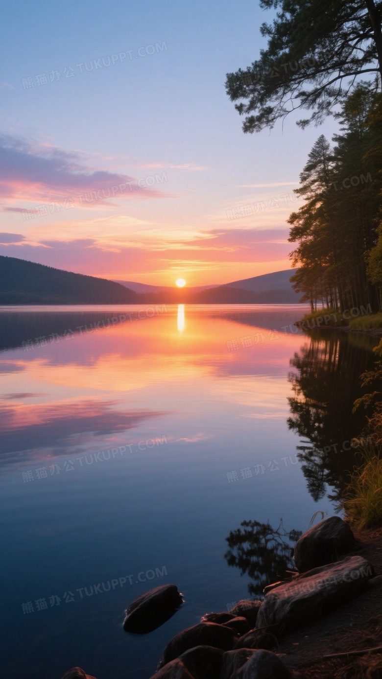 湖泊边日出的摄影图朝霞倒映在平静湖面上