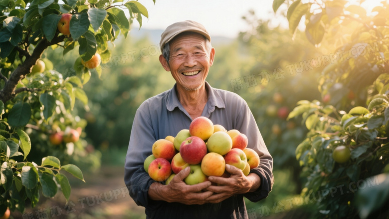 高清摄影图一位开心的农民伯伯站在果园里