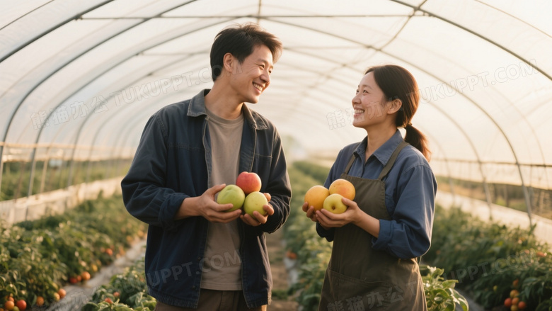 高清摄影风格两位农民夫妻站在水果大棚里