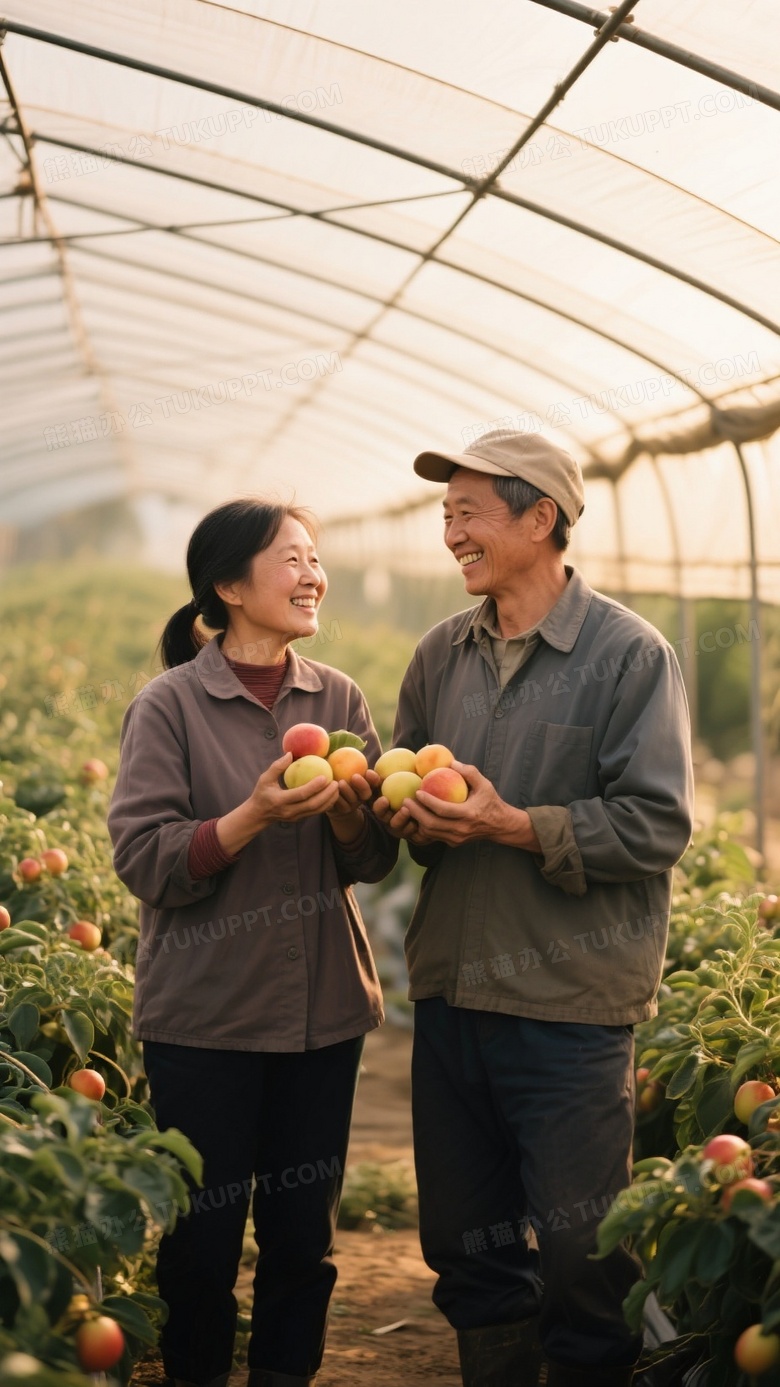 高清摄影风格两位农民夫妻站在水果大棚里