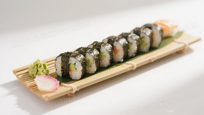 美食高清摄影图一盘精致的寿司整齐排列在竹制餐盘上