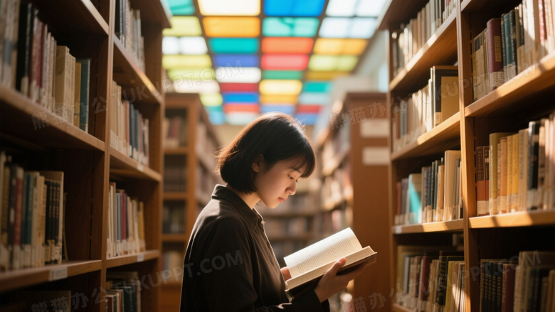 图书馆摄影图木质书架摆满书籍