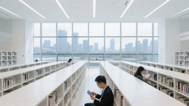 现代化图书馆摄影巨大的玻璃幕墙外是城市风景