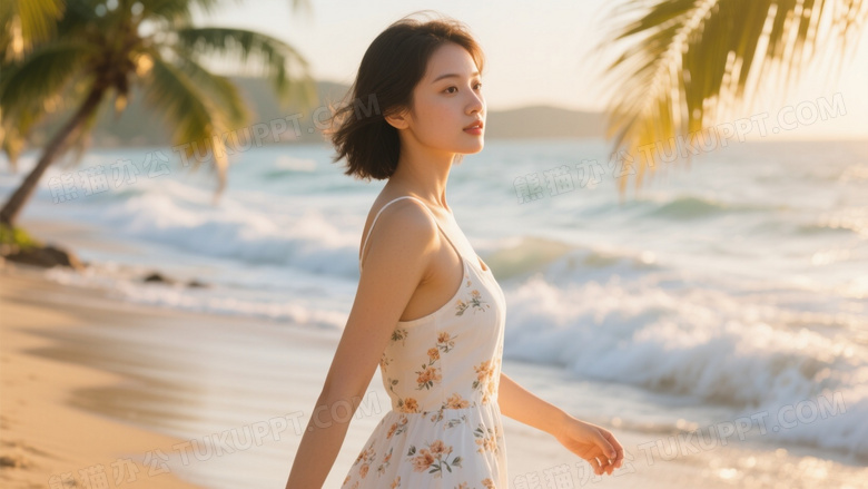 夏天高清摄影图一位穿着白色吊带碎花裙的美女漫步在海边沙滩