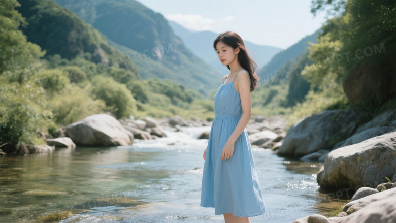 夏天的高清摄影画面穿着淡蓝色连衣裙的美女站在山间小溪旁