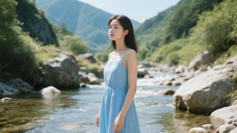 夏天的高清摄影画面穿着淡蓝色连衣裙的美女站在山间小溪旁