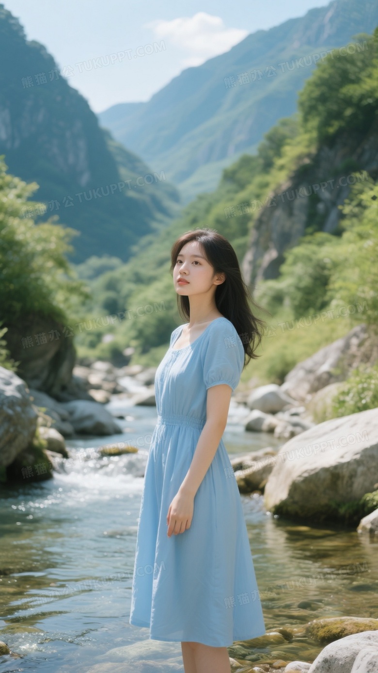 夏天的高清摄影画面穿着淡蓝色连衣裙的美女站在山间小溪旁