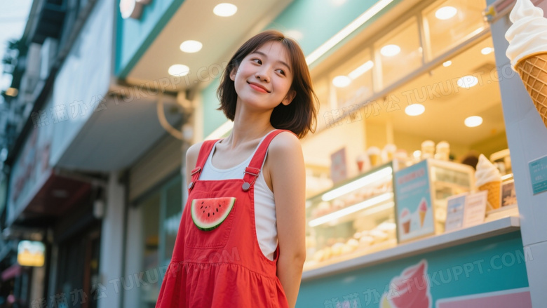 夏日高清摄影可爱美女穿着西瓜红背带裙在街边的冰淇淋店前