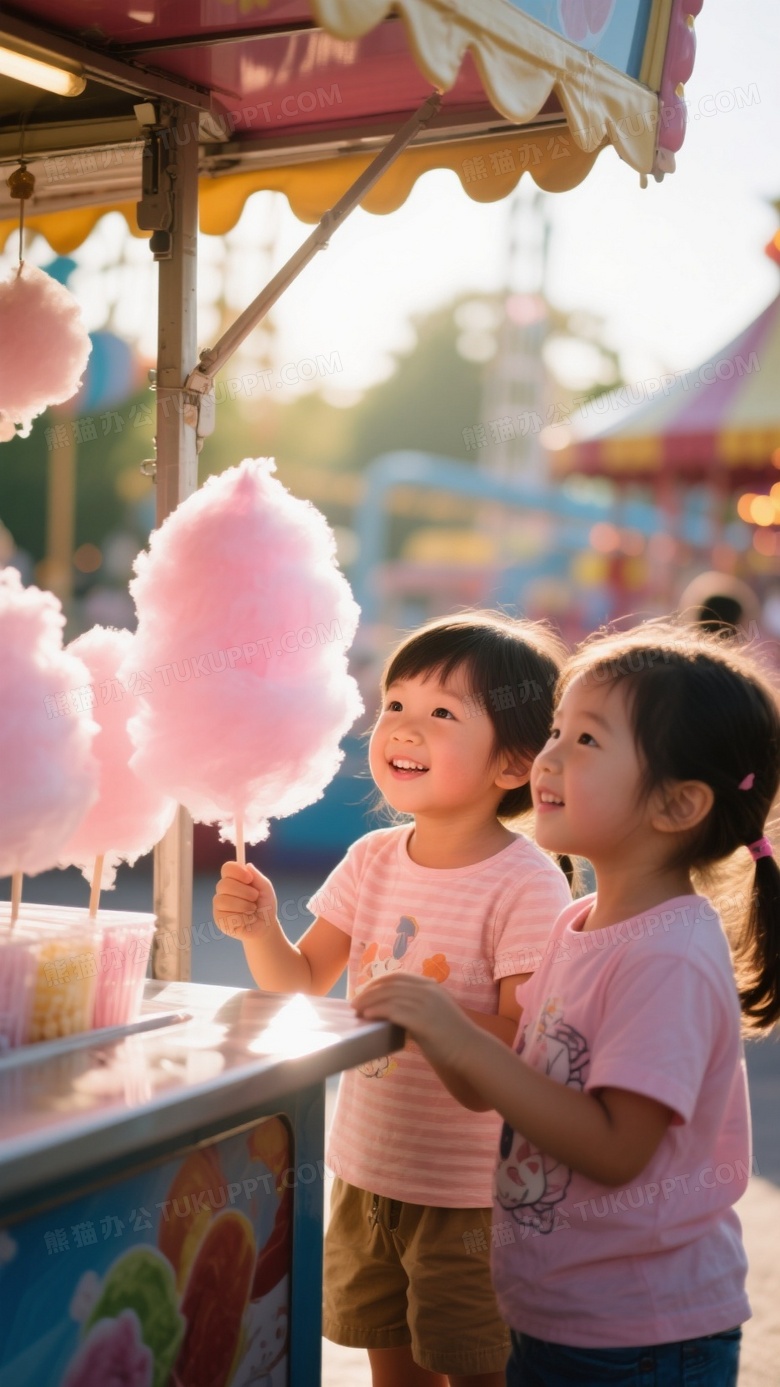 摄影图呈现高清效果小朋友在游乐园的棉花糖摊位前