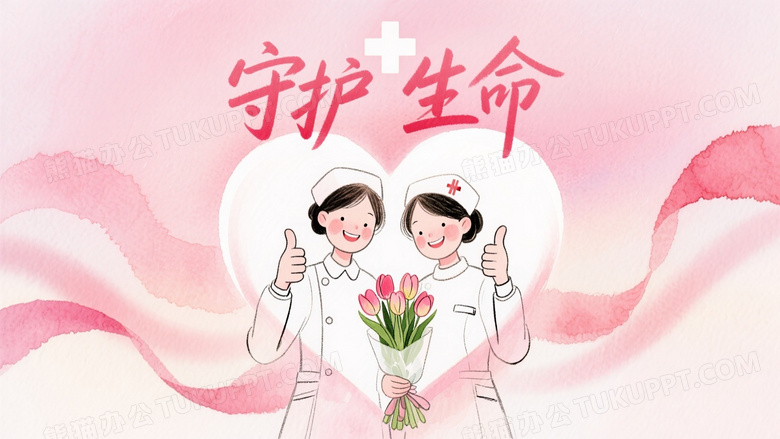水彩质感护士节插画两位微笑护士手持郁金香花束