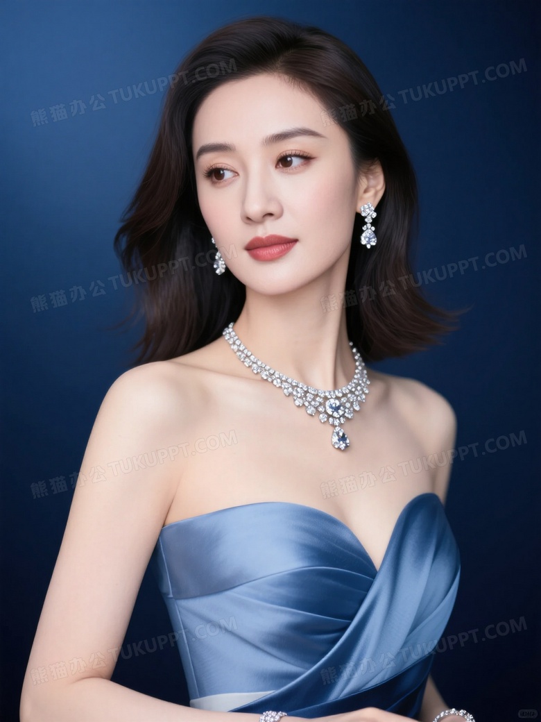 人美中长发穿着晚礼服带着钻石首饰