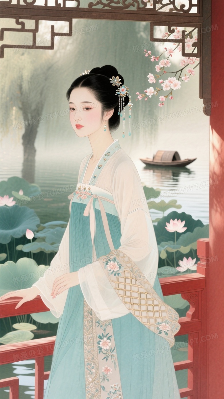 唐风少女半身像绢本设色质感