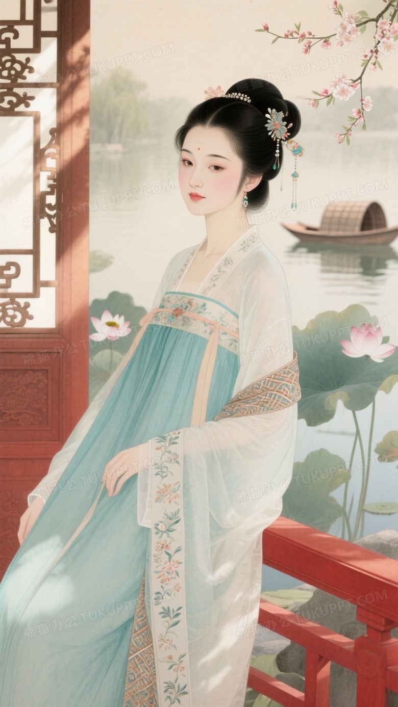 唐风少女半身像绢本设色质感