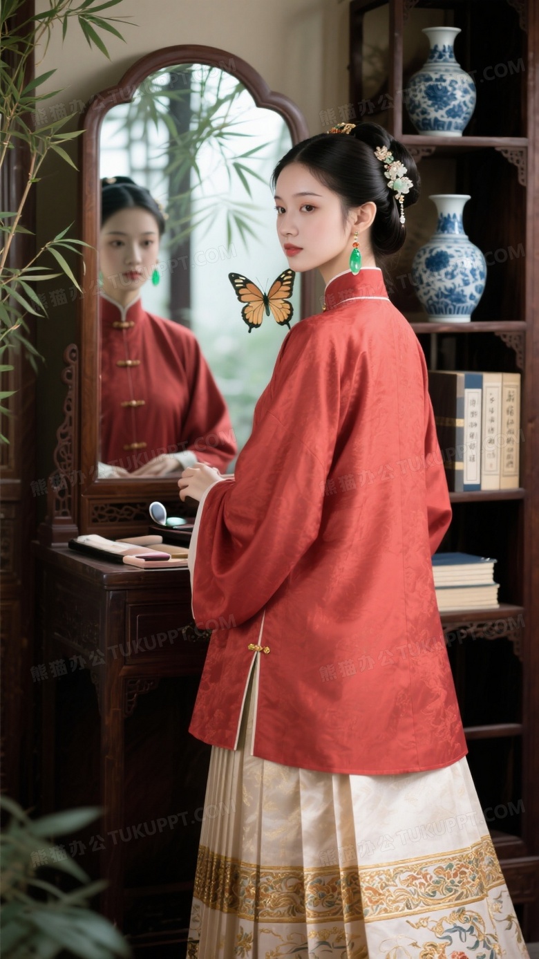明制立领少女晨妆图水红竖领大襟衫配马面裙