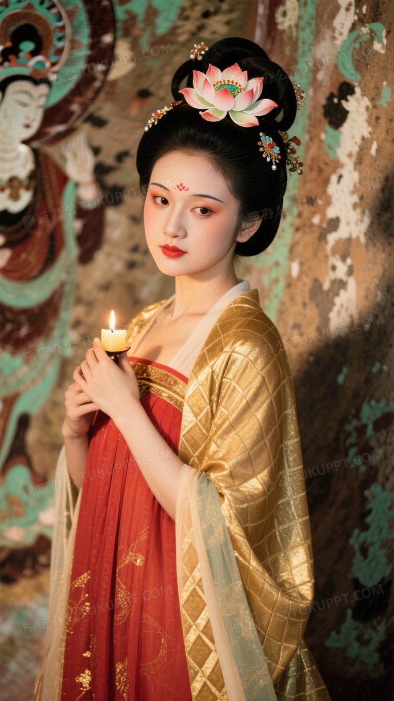敦煌复原妆造少女赭红间色裙配泥金帔帛