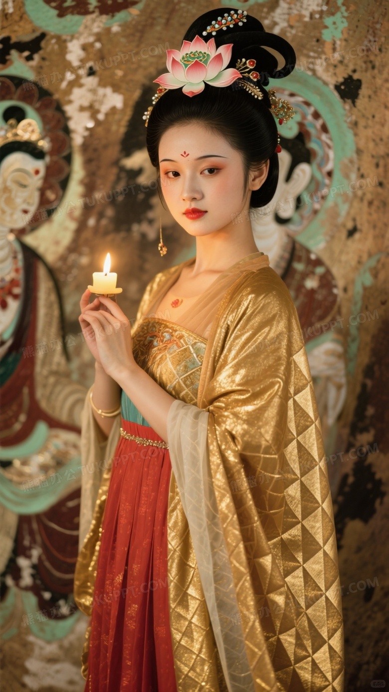 敦煌复原妆造少女赭红间色裙配泥金帔帛