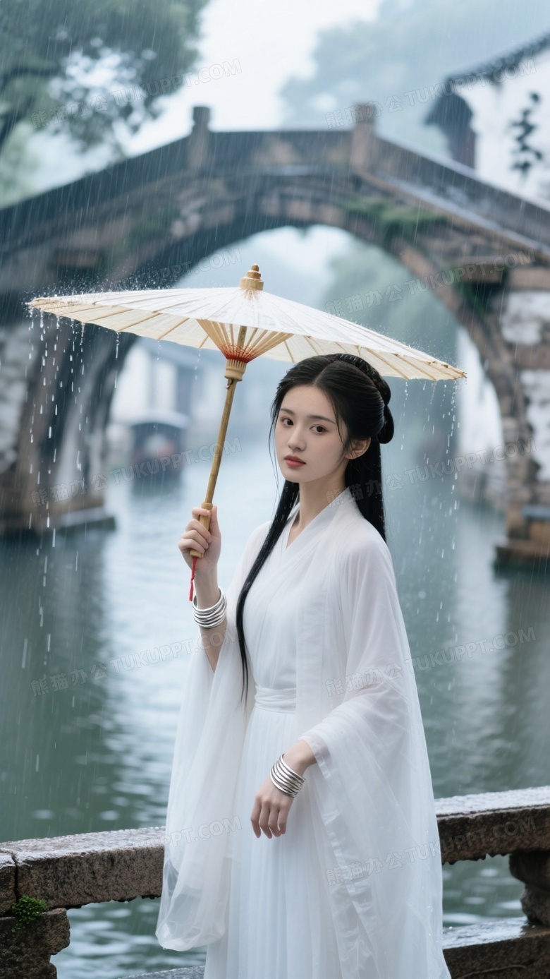 江南水乡少女凭栏素纱褙子浸染烟雨朦胧