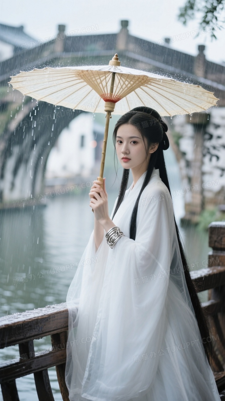 江南水乡少女凭栏素纱褙子浸染烟雨朦胧
