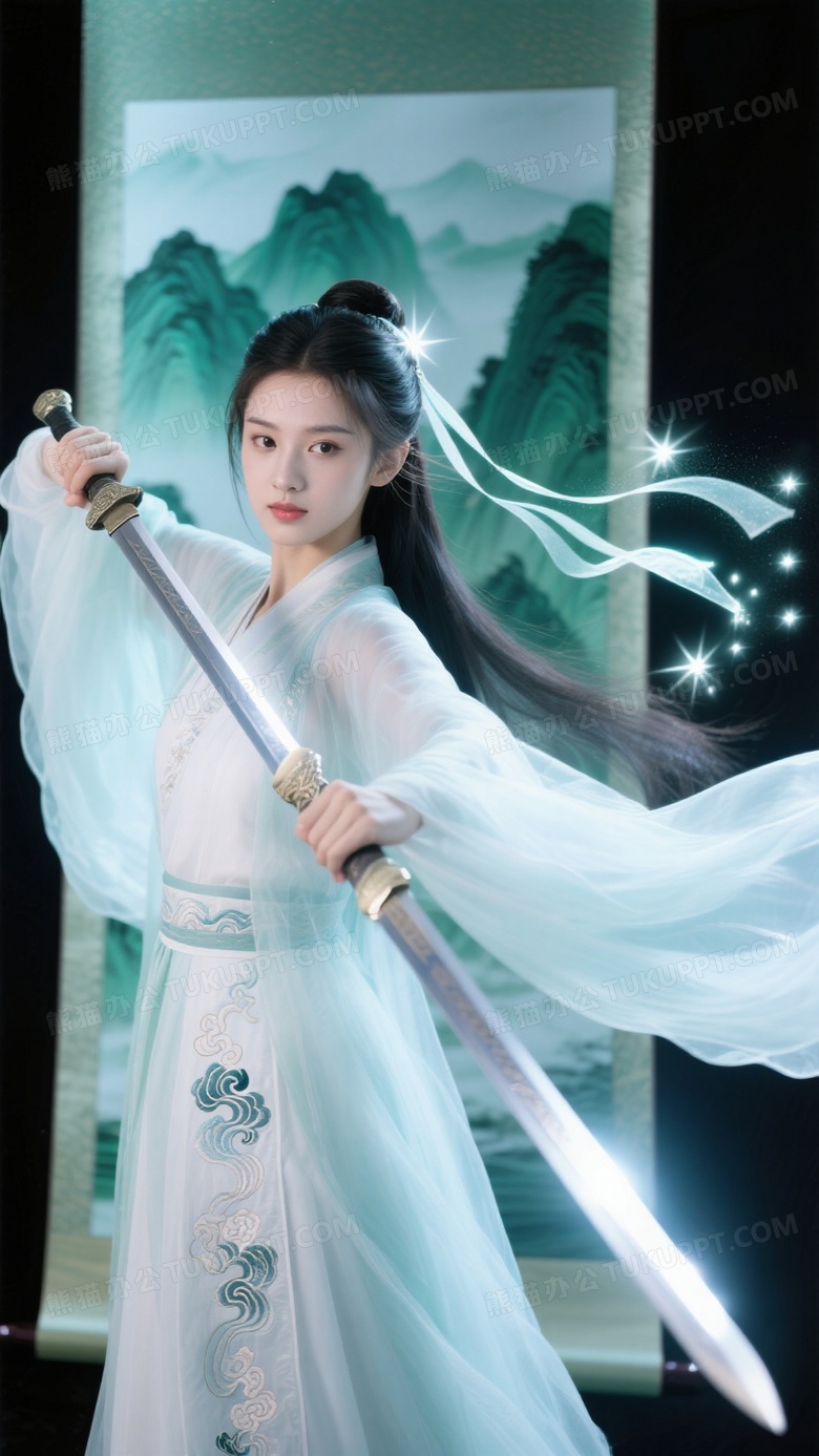 仙侠风少女剑舞瞬间雪纺广袖定格飞扬姿态