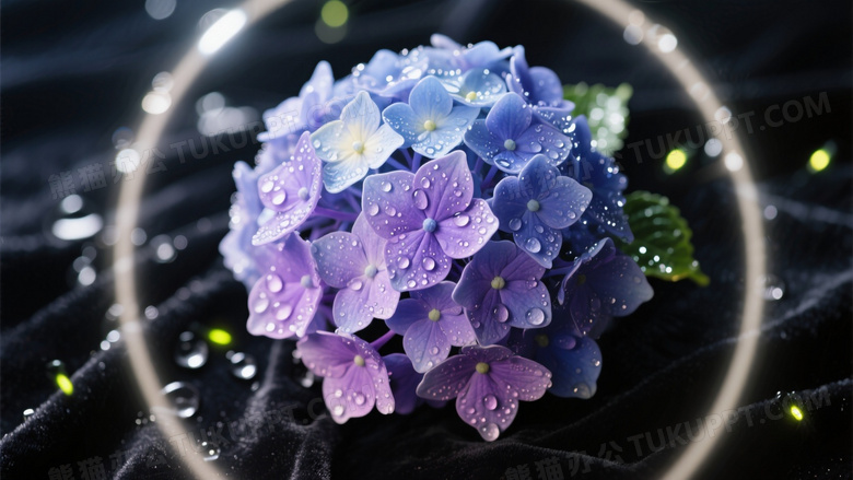 蓝紫色绣球花簇俯拍构图