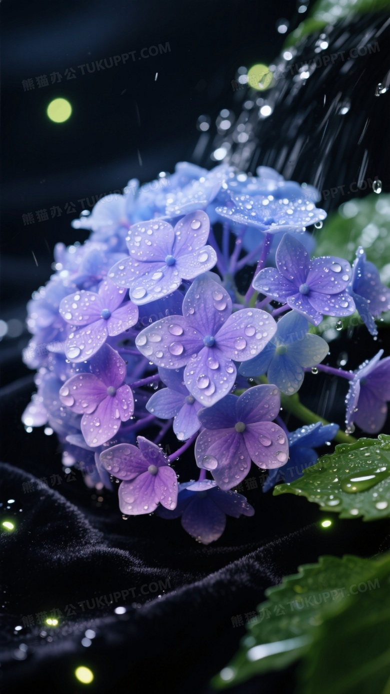 蓝紫色绣球花簇俯拍构图