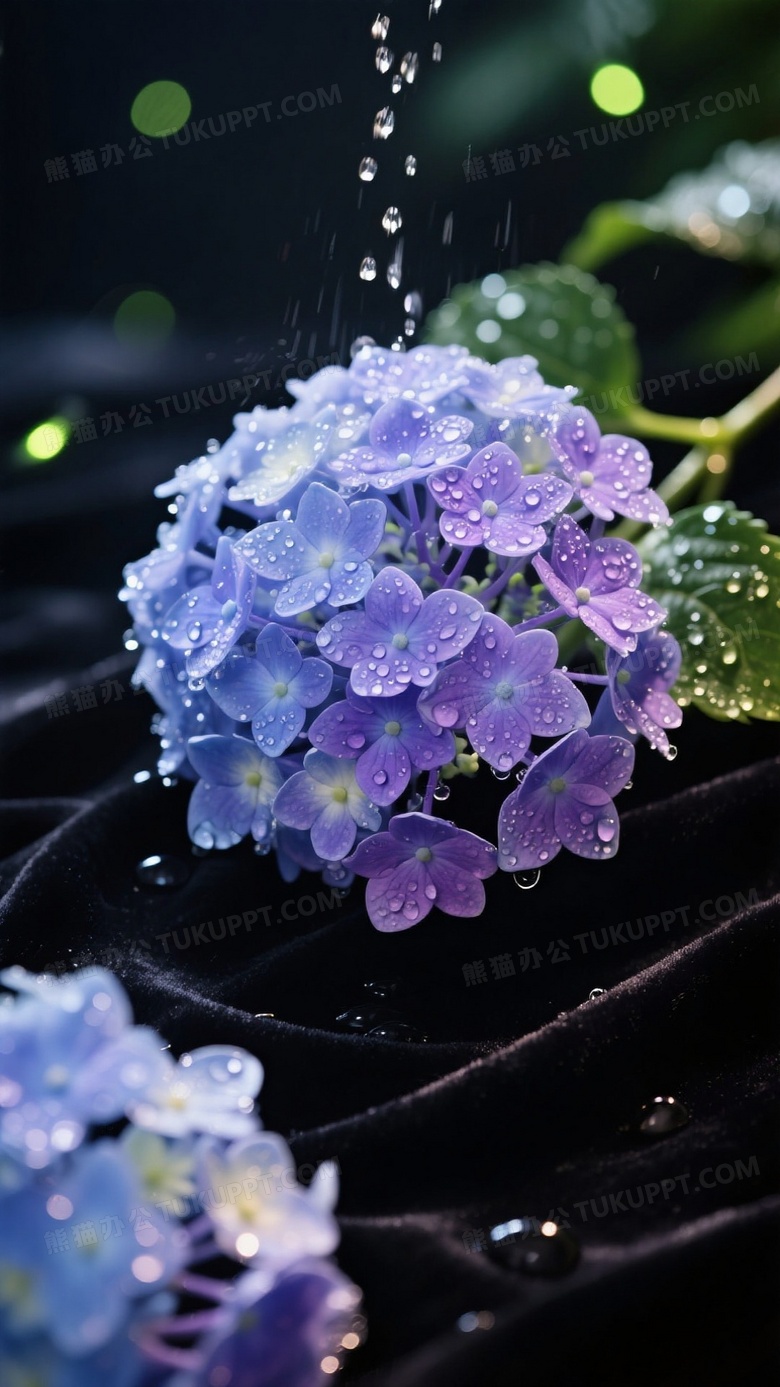 蓝紫色绣球花簇俯拍构图