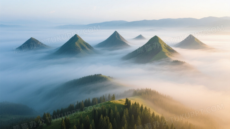 全景接片拍摄技法七座锥形峰峦在流动晨雾中形成深浅不一的蓝灰色阶